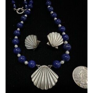 Mother Of Pearl Clam Shall Sterling Silver Blue Lapis Beaded Necklace Earrings